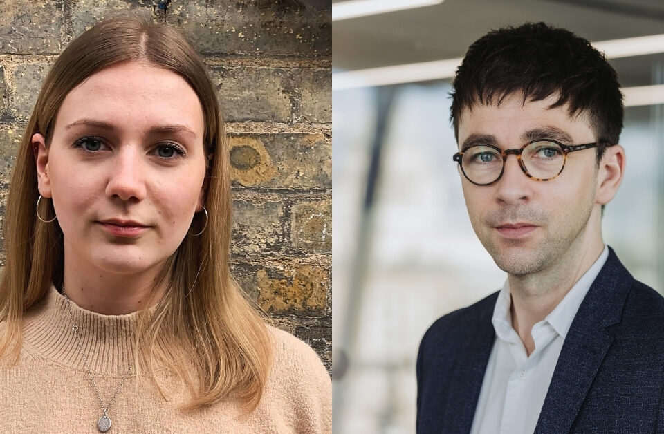 Image introducing the two new trustees of the Student Publication Association. Two individuals side by side; the person on the left is Emma Penney. She has blonde hair and is wearing a beige sweater, standing against a brick wall, while the person on the right is James Mole He has dark hair and glasses, dressed in business attire.